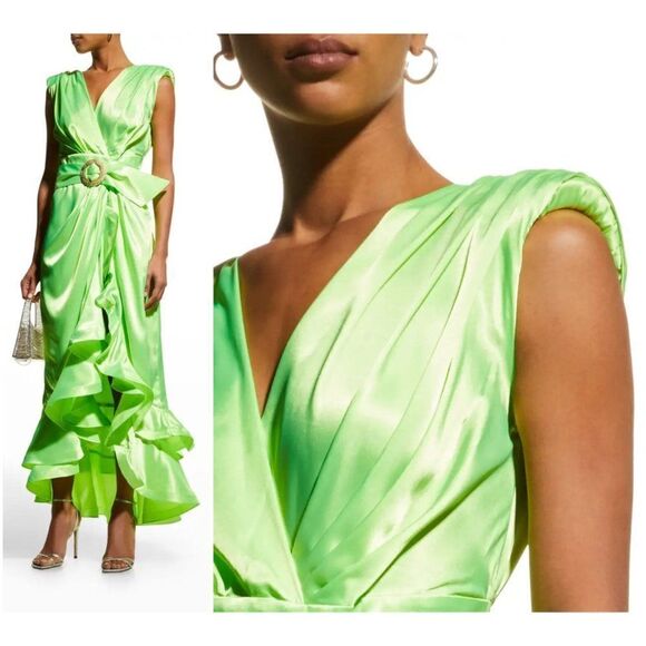 BRONX and BANCO Neon Green Lika Belted Asymmetric Ruffle Wrap Dress Size… - Picture 2 of 11
